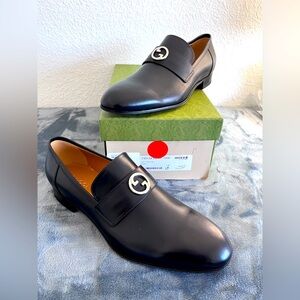 BRAND NEW Gucci Interlocking G Leather Loafers Black Silver Size 13 (US 13.5)